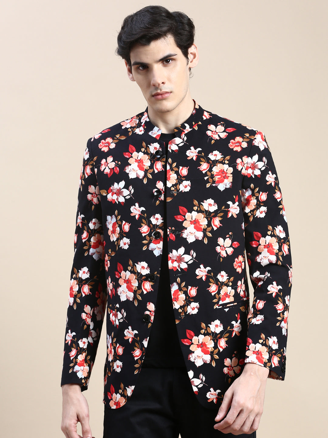 Men's Black Floral Printed Slim-Fit Cotton Bandhgala Blazer