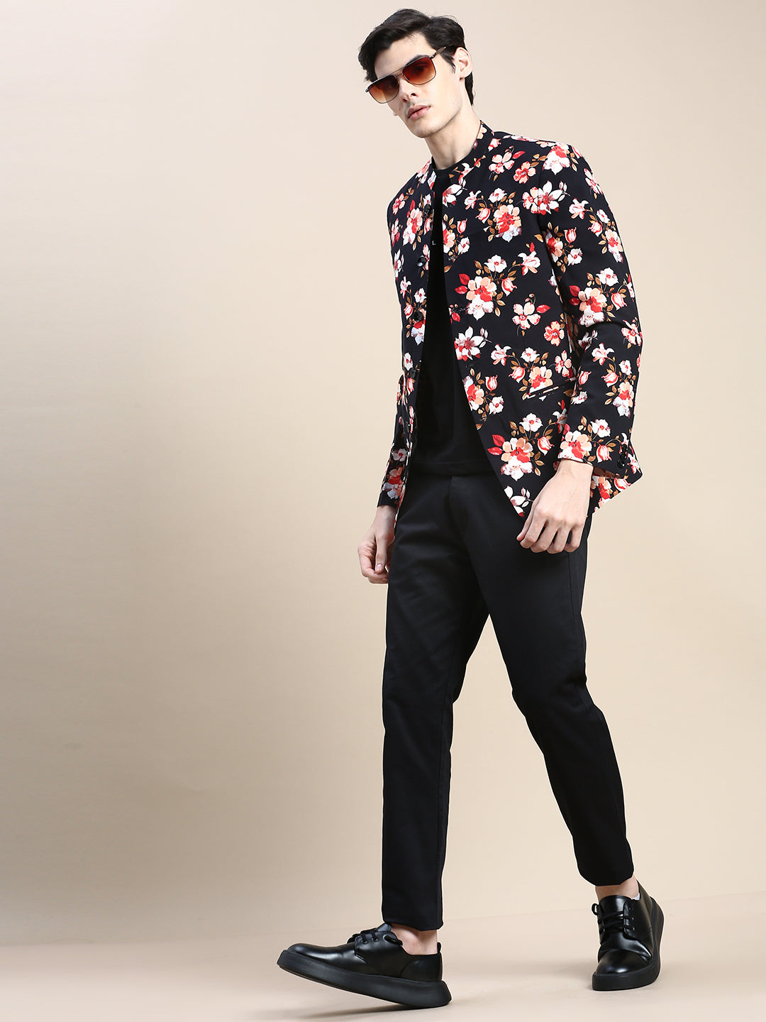 Men's Black Floral Printed Slim-Fit Cotton Bandhgala Blazer