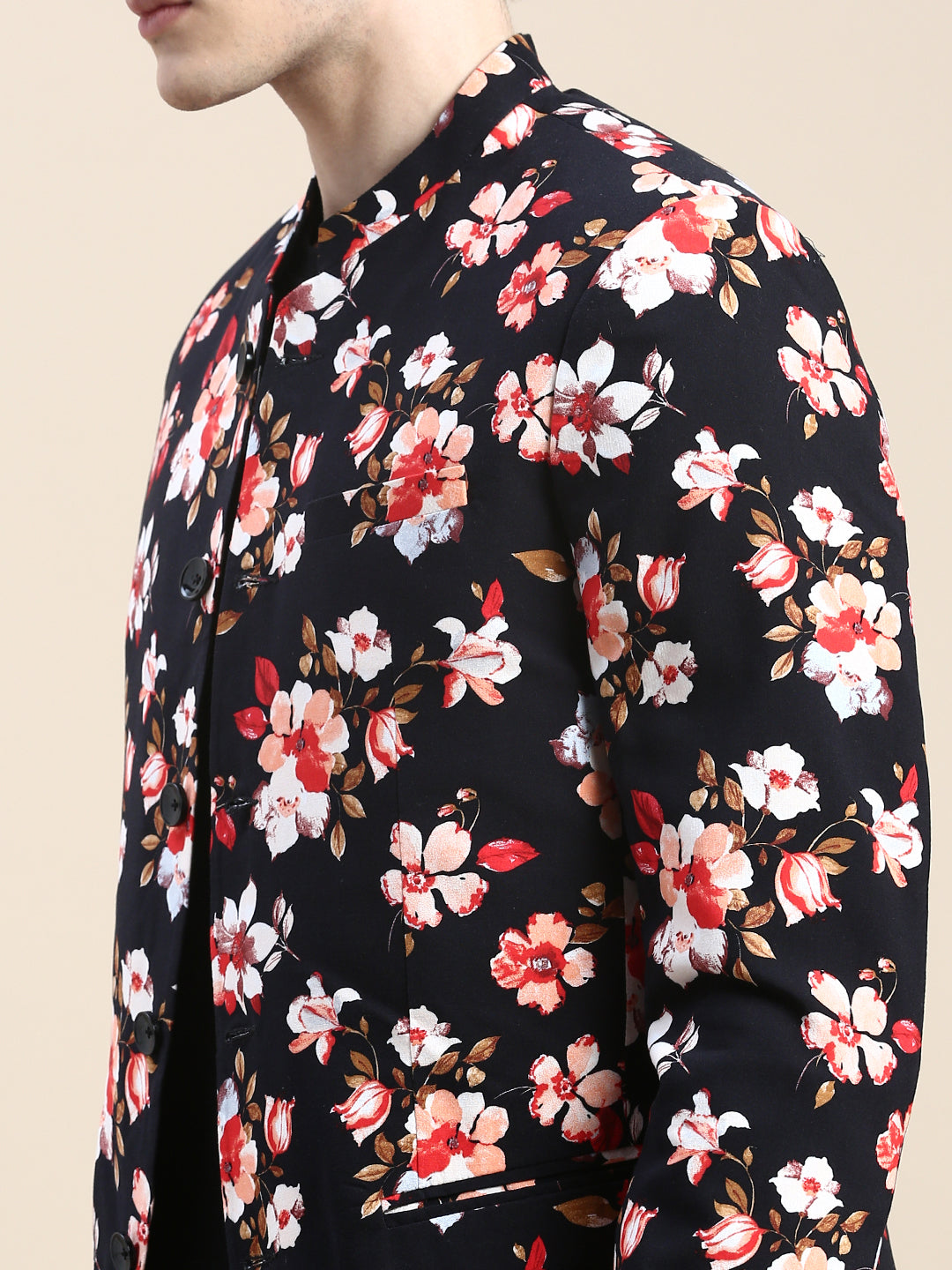 Men's Black Floral Printed Slim-Fit Cotton Bandhgala Blazer