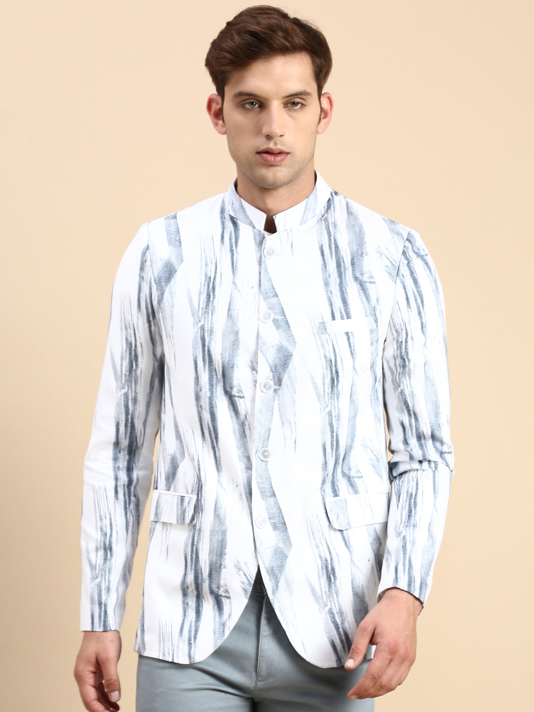 Men's White Printed Slim Fit Mandarin Collar Bandhgala Blazer