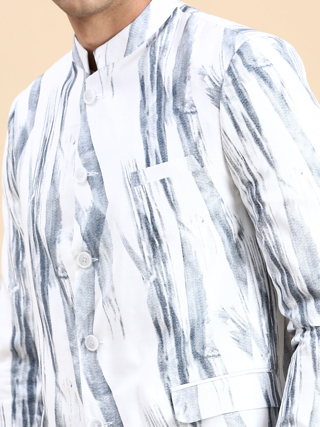 Men's White Printed Slim Fit Mandarin Collar Bandhgala Blazer