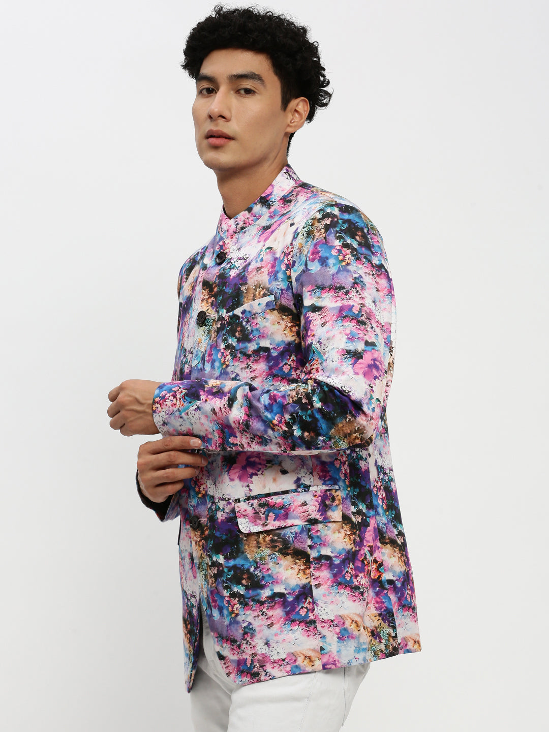 Men's Multi Floral Printed Bandhgala Slim Fit Blazer