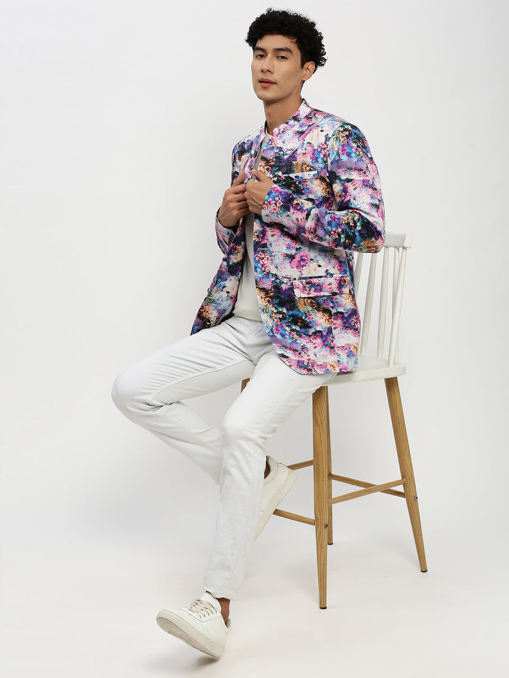 Men's Multi Floral Printed Bandhgala Slim Fit Blazer