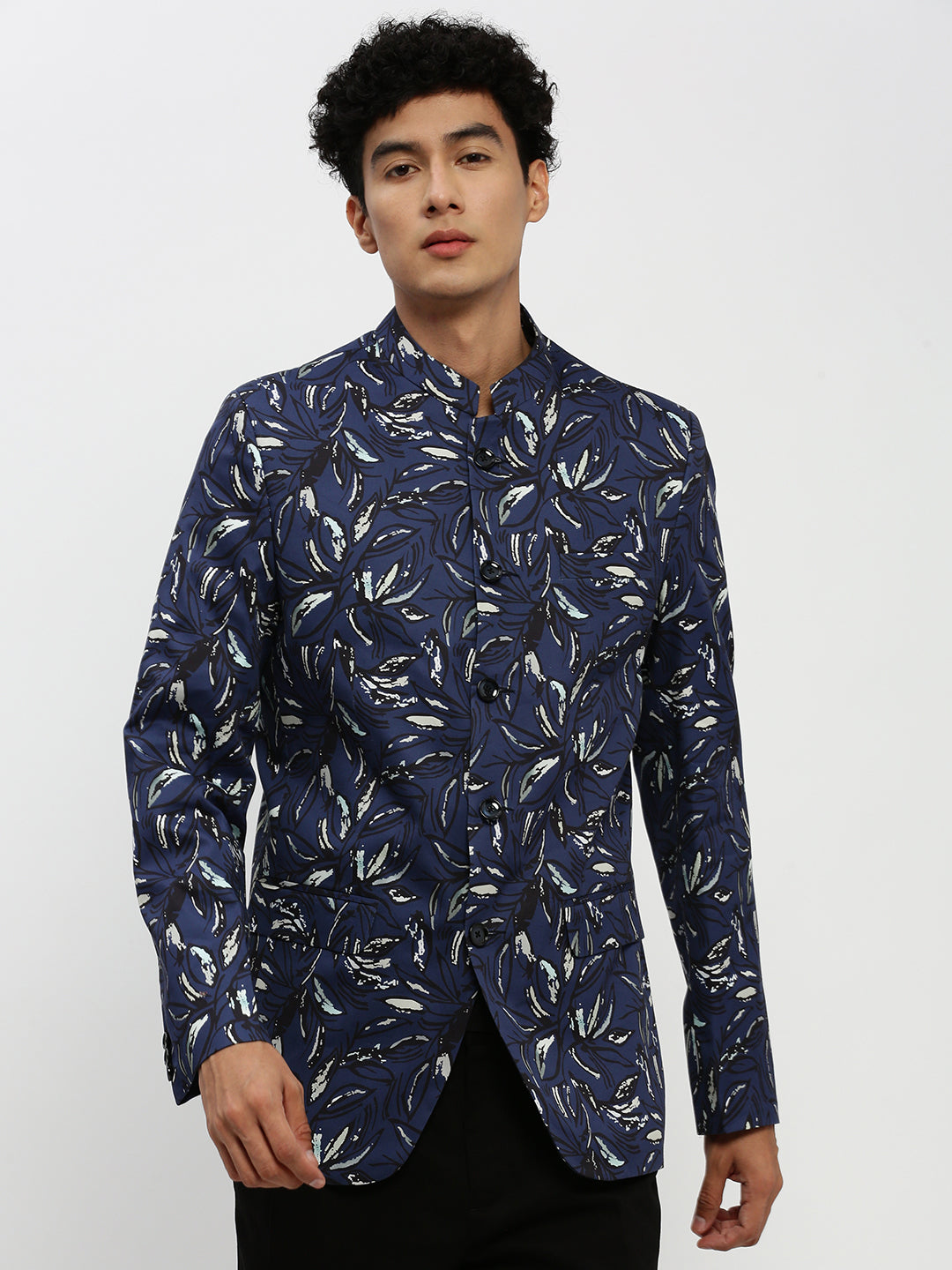 Men's Navy Blue Printed Bandhgala Slim-Fit Blazer