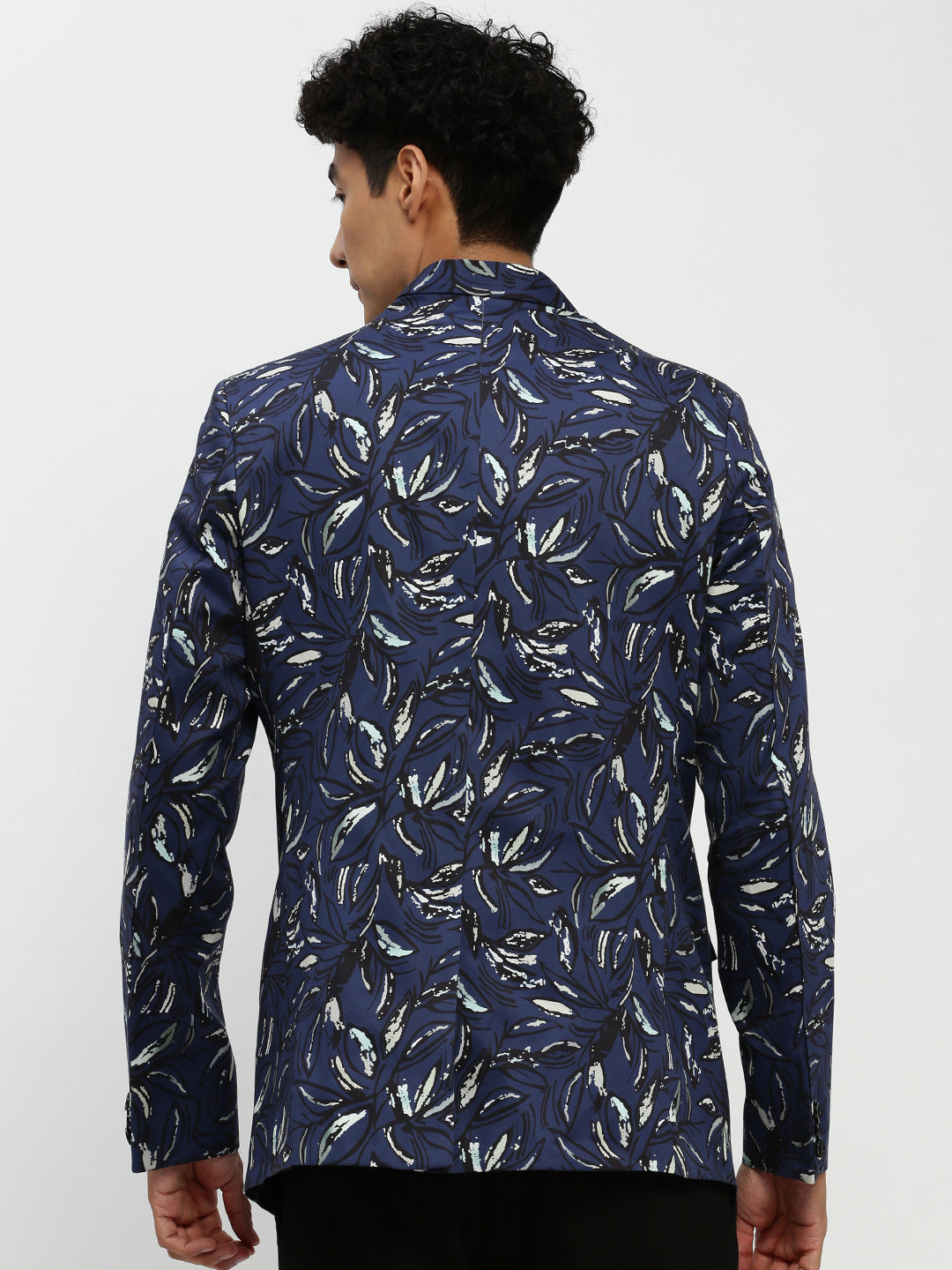 Men's Navy Blue Printed Bandhgala Slim-Fit Blazer