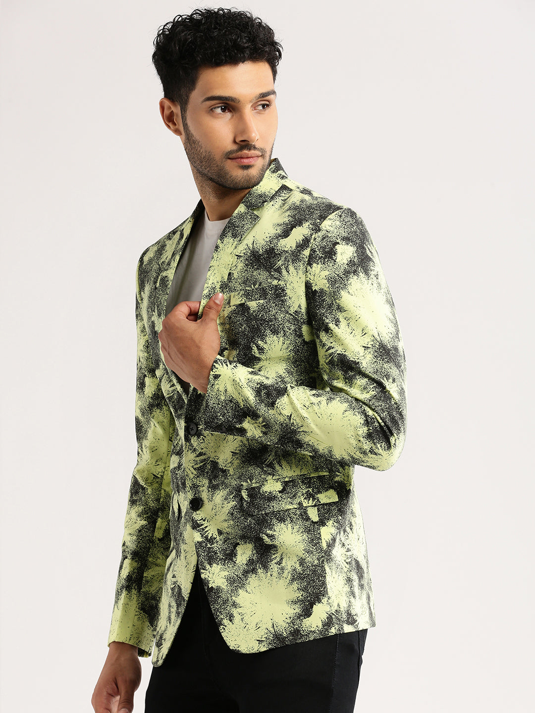 Men's Yellow Printed Notched Lapel Slim-Fit Single-Breasted Blazer