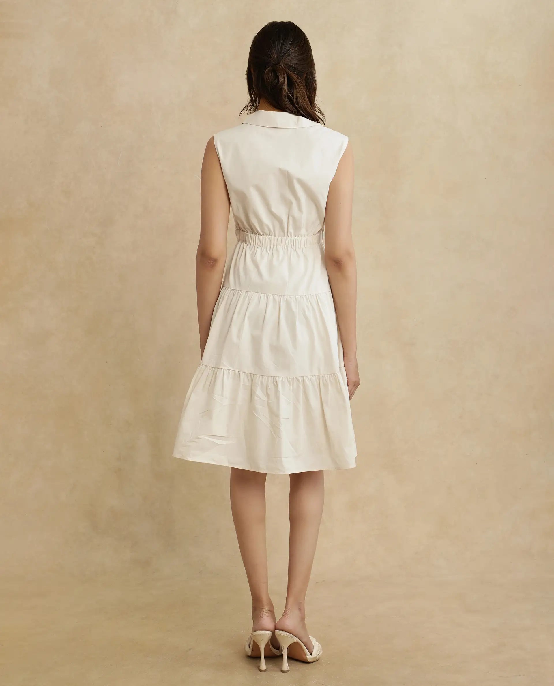 Rareism Women's Somaka Beige Cotton Lapel Neck Plain Sleeveless Mini Fit And Flare Dress