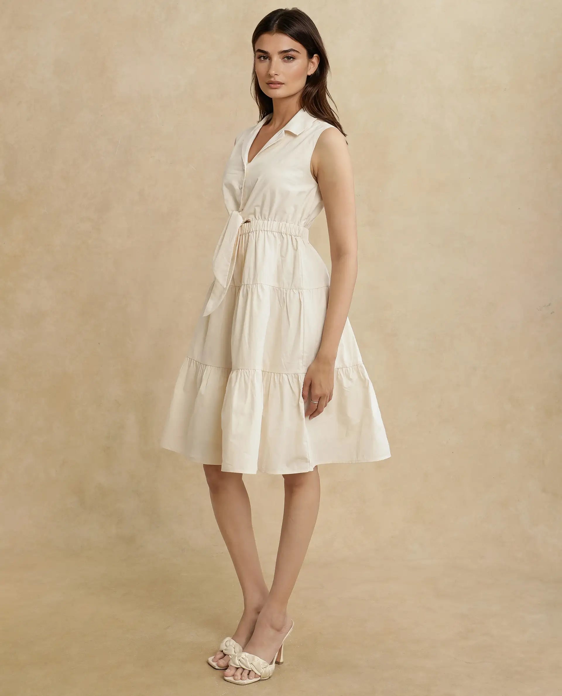 Rareism Women's Somaka Beige Cotton Lapel Neck Plain Sleeveless Mini Fit And Flare Dress