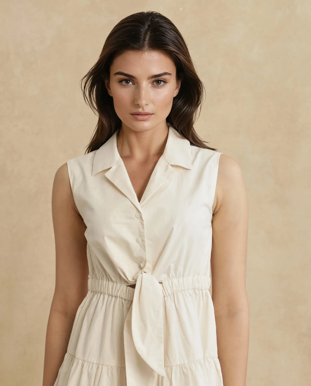 Rareism Women's Somaka Beige Cotton Lapel Neck Plain Sleeveless Mini Fit And Flare Dress