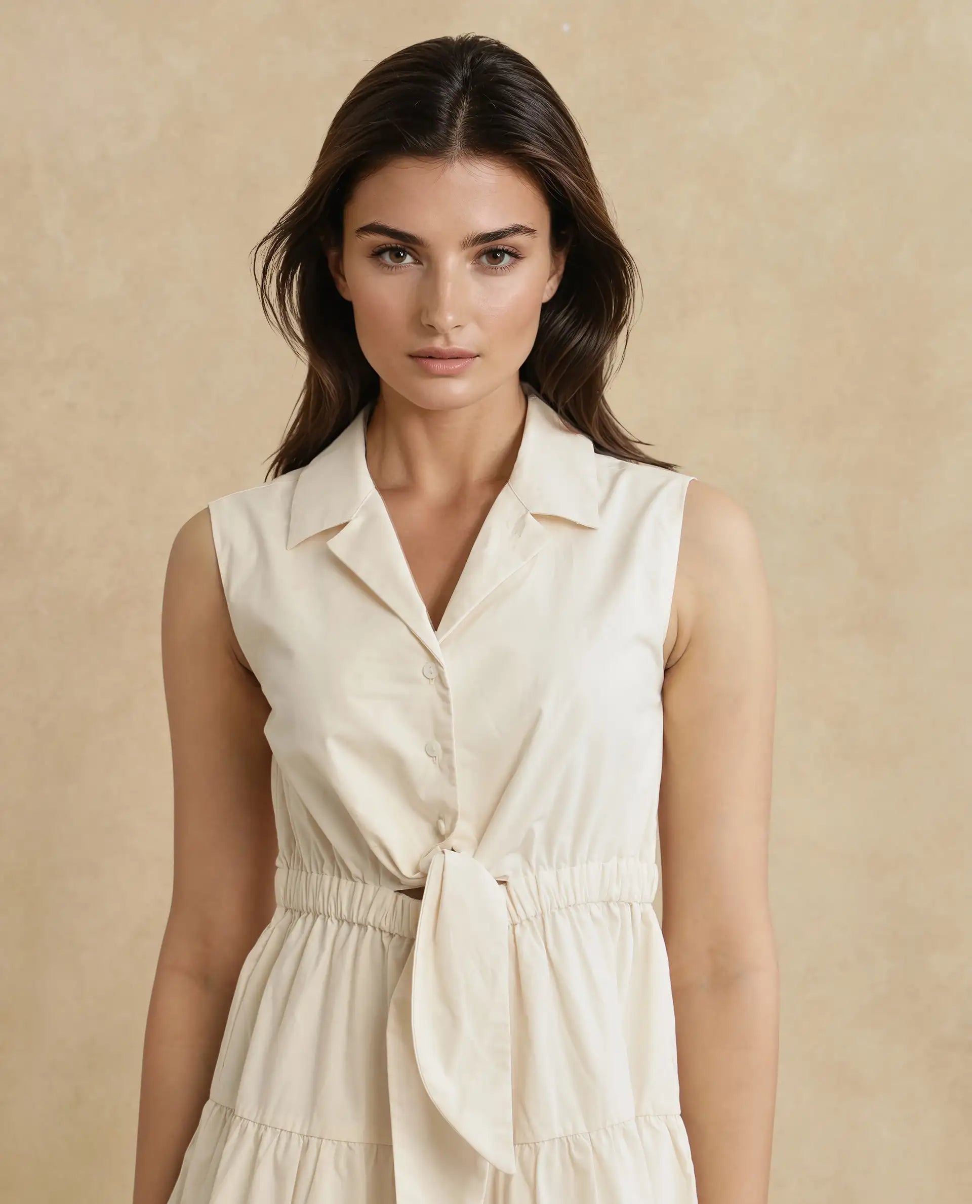 Rareism Women's Somaka Beige Cotton Lapel Neck Plain Sleeveless Mini Fit And Flare Dress