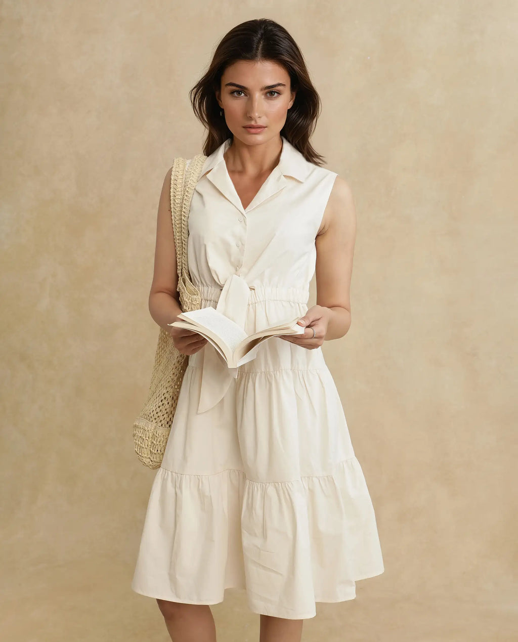 Rareism Women's Somaka Beige Cotton Lapel Neck Plain Sleeveless Mini Fit And Flare Dress