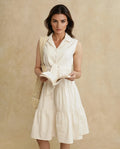Rareism Women's Somaka Beige Cotton Lapel Neck Plain Sleeveless Mini Fit And Flare Dress
