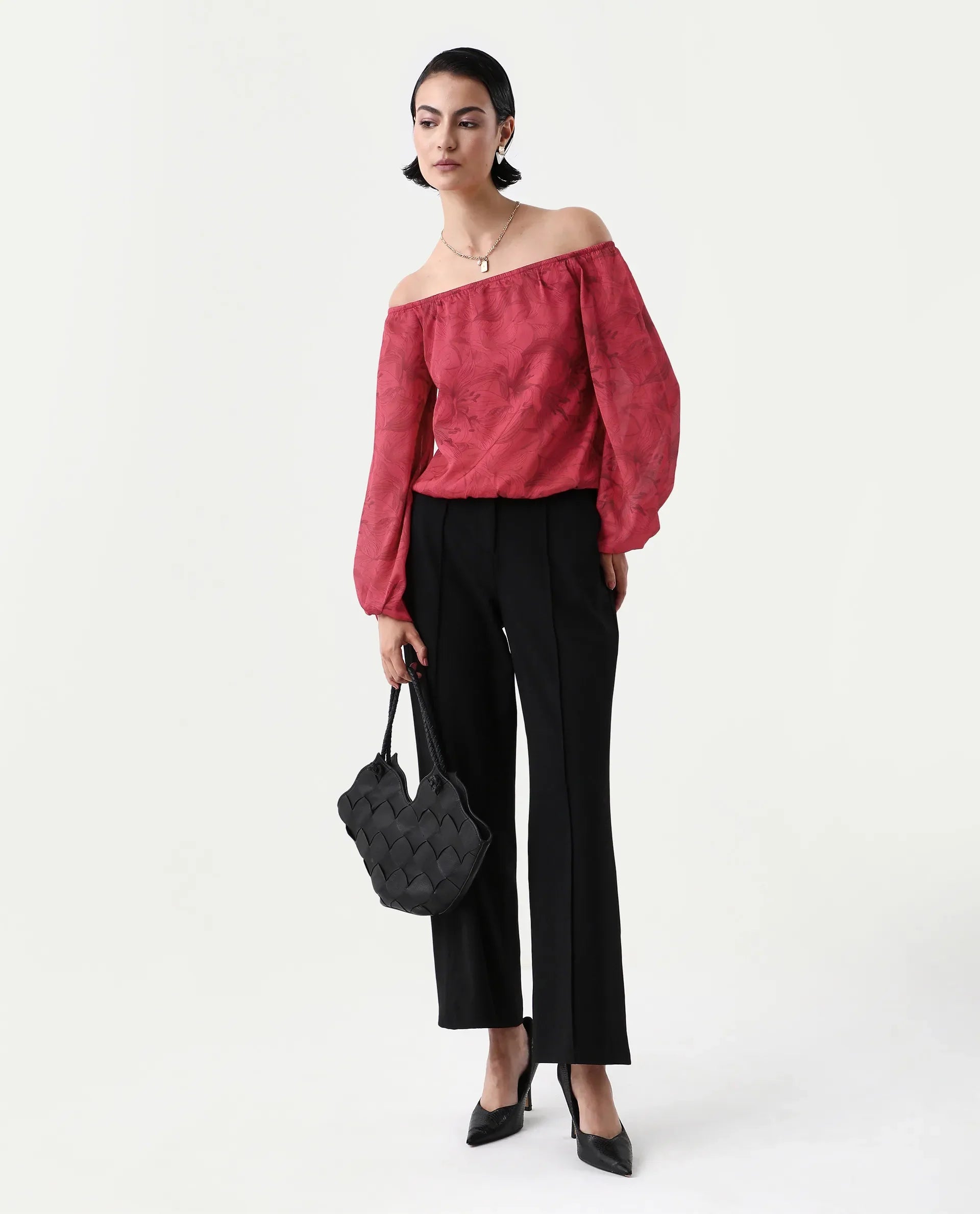 Rareism Women's Somgam Dark Red Polyester Off Shoulder Floral Print Bishop Sleeve Regular Fit Top