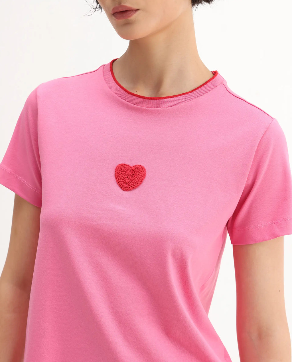 Rareism Women's Somger Pink Cotton Blend Crew Neck Embroidered Regular Fit T-Shirt