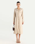 Rareism Women's Somgrip Beige Viscose V-Neck Plain Midi A-Line Dress