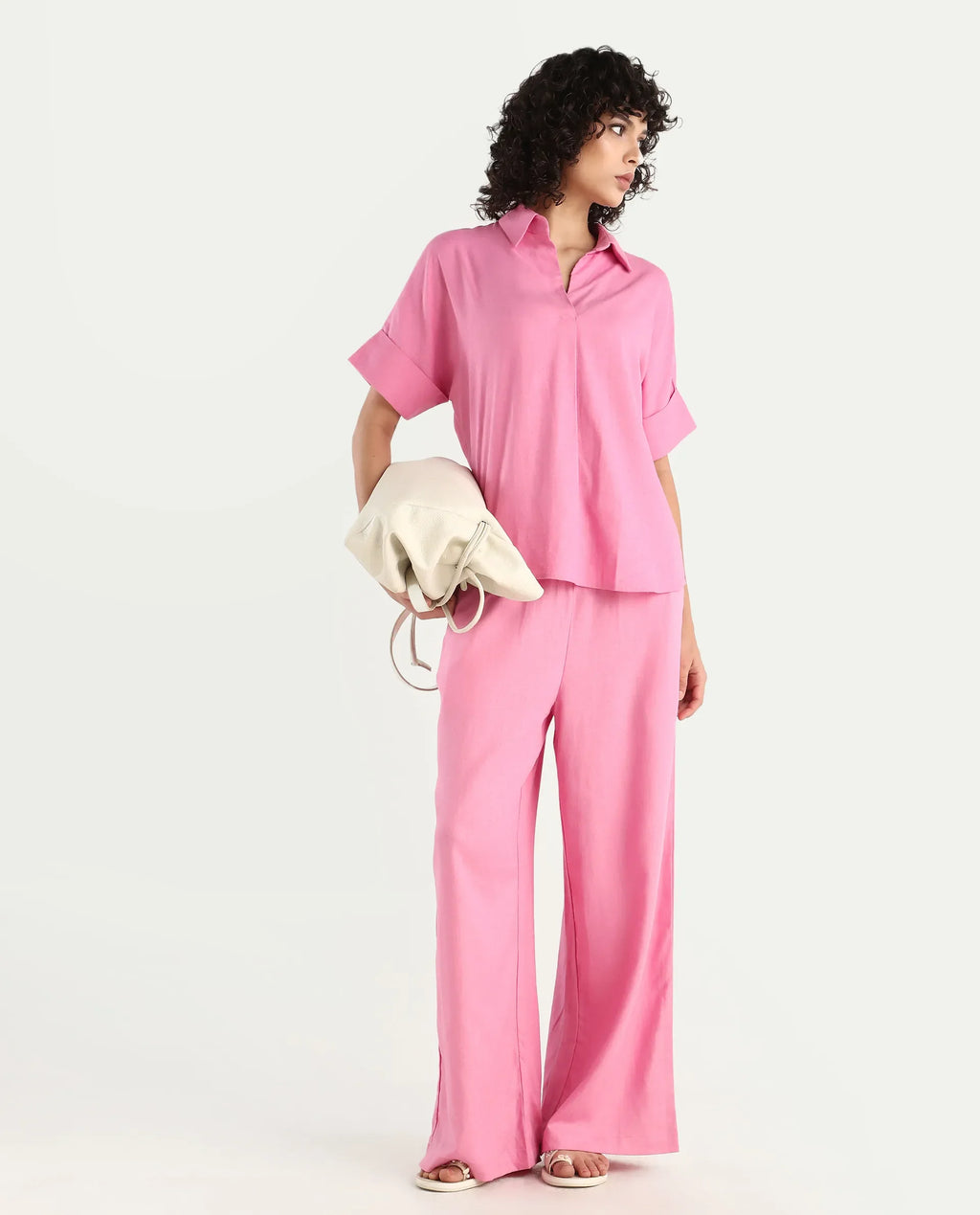 Rareism Women's Somkar T Pink Viscose Blend Johnny Collar Plain Extended Sleeves Relaxed Fit Top