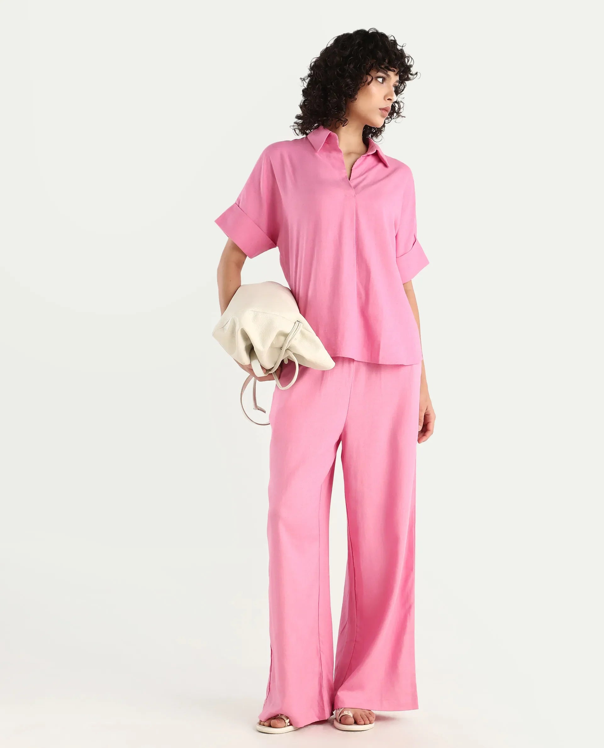 Rareism Women's Somkar T Pink Viscose Blend Johnny Collar Plain Extended Sleeves Relaxed Fit Top