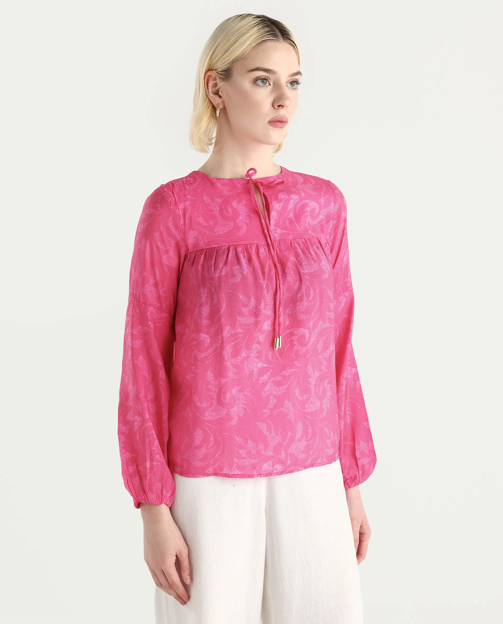 Rareism Women's Somlin Flouroscent Pink Viscose Blend Tie-Up Neck Abstract Print Lantern Sleeve Regular Fit Top
