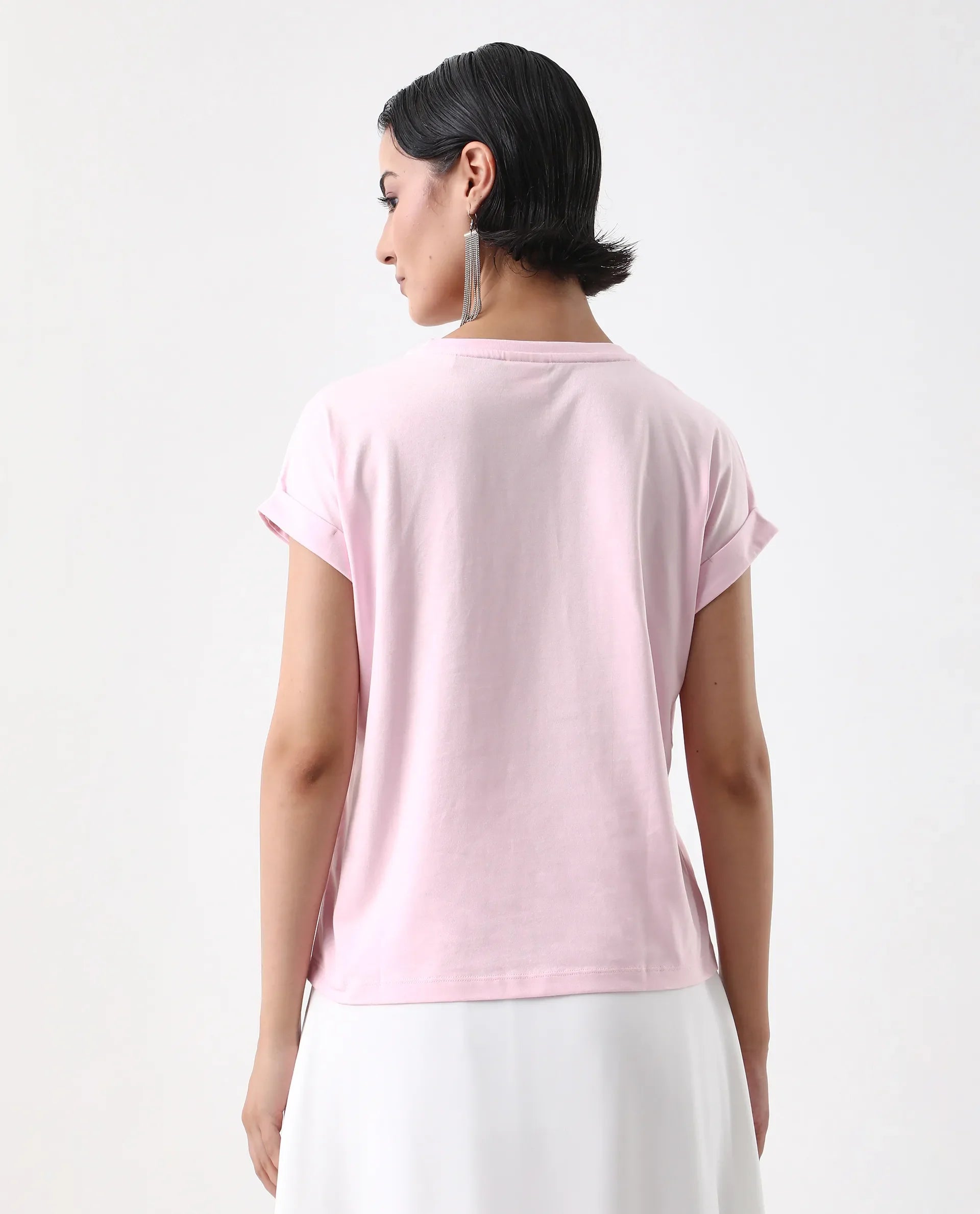 Rareism Women's Somrit Light Pink Cotton Crew Neck Graphic Print Extended Sleeves Regular Fit T-Shirt