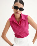 Rareism Women's Somtel Pink Cotton Spread Collar Schiffli Sleeveless Crop Regular Fit Top