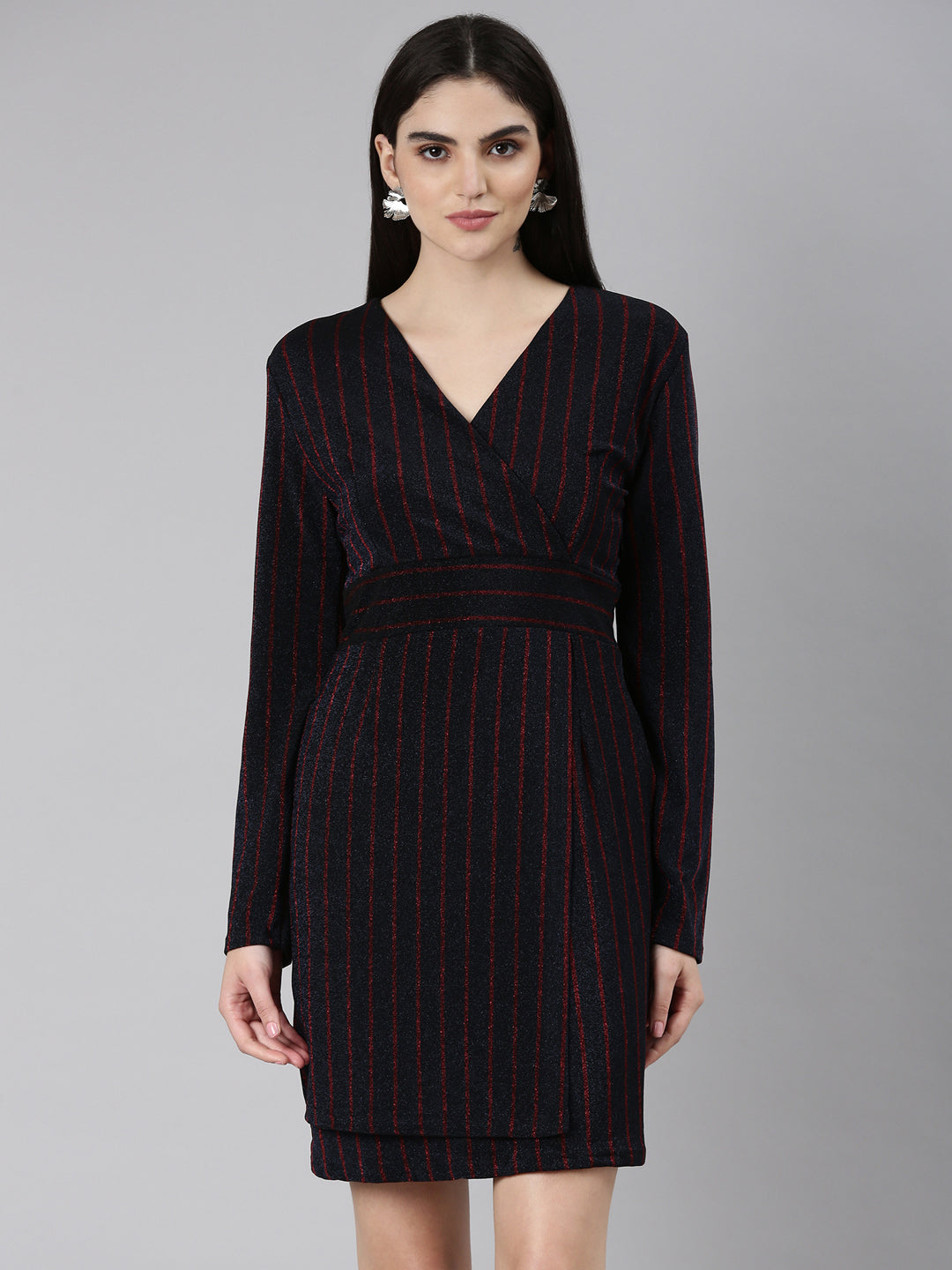 Women's Navy Blue V-Neck Striped Wrap Dress