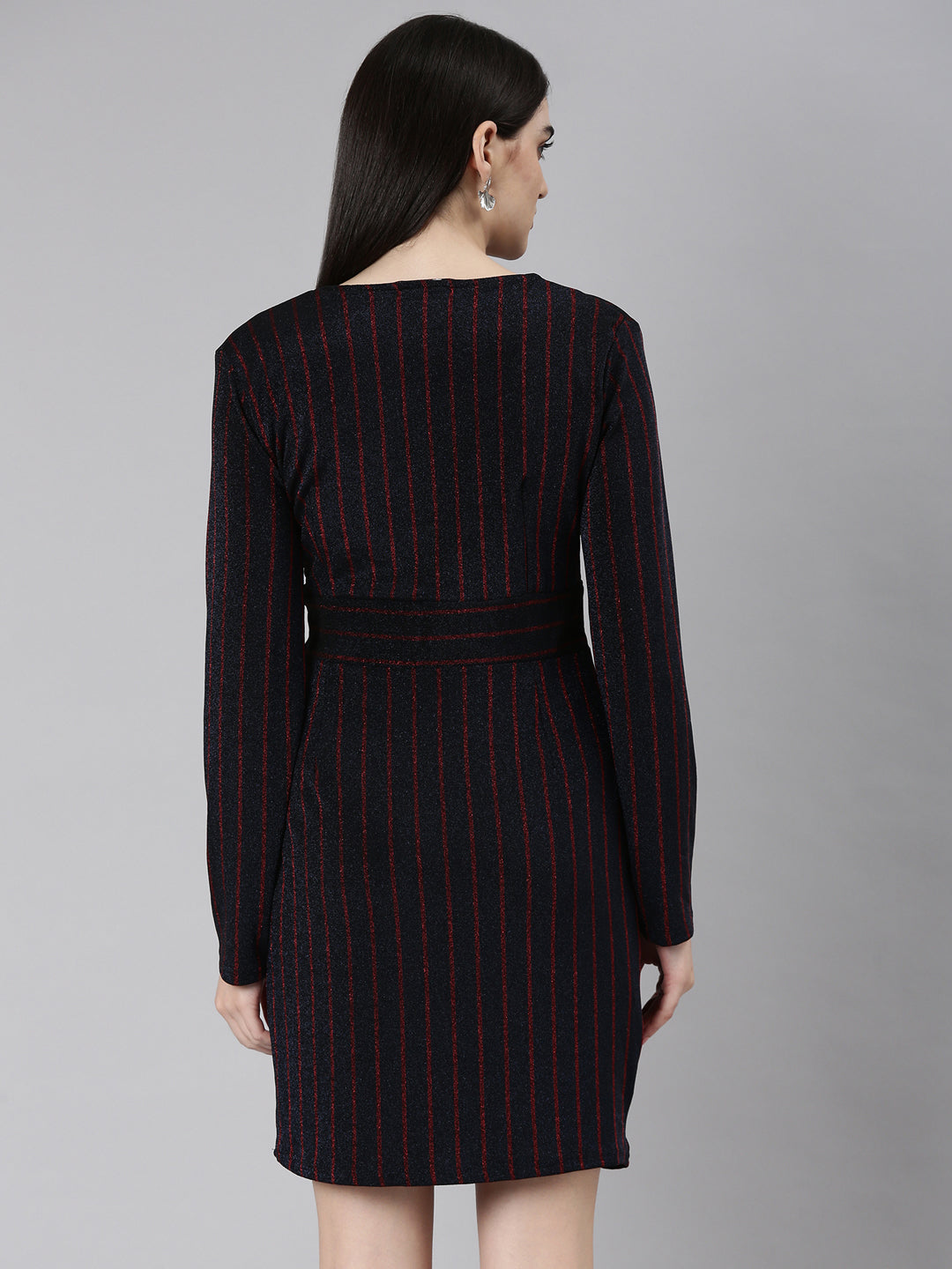 Women's Navy Blue V-Neck Striped Wrap Dress