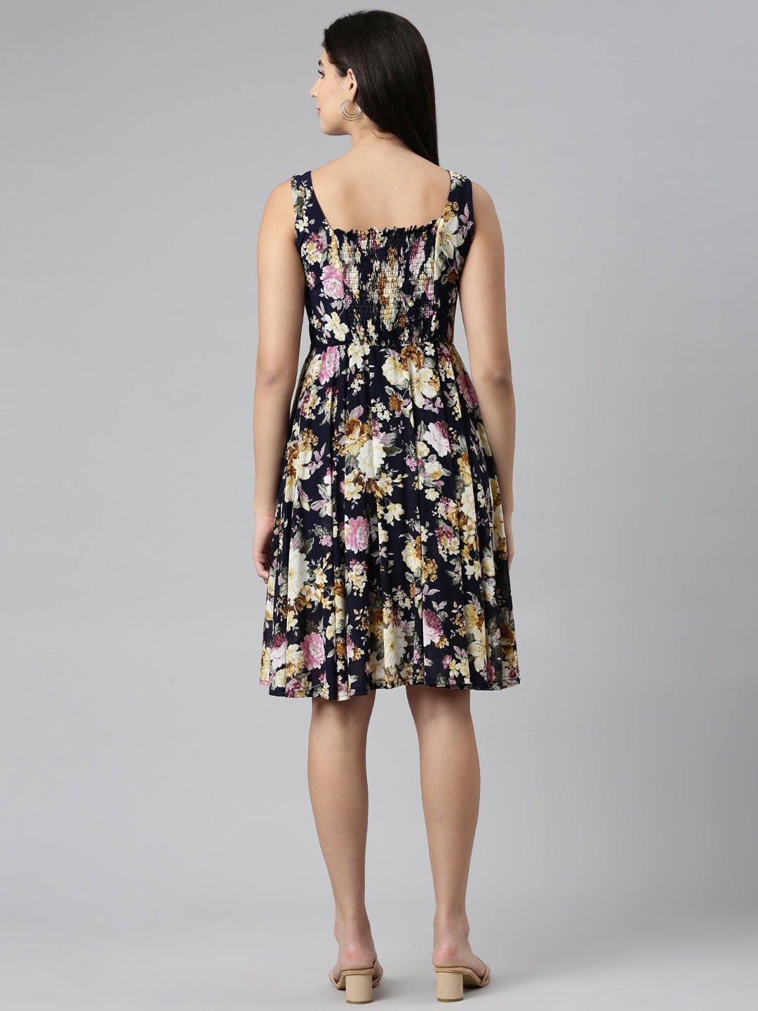 Women's Navy Blue Floral Printed Fit & Flare Dress