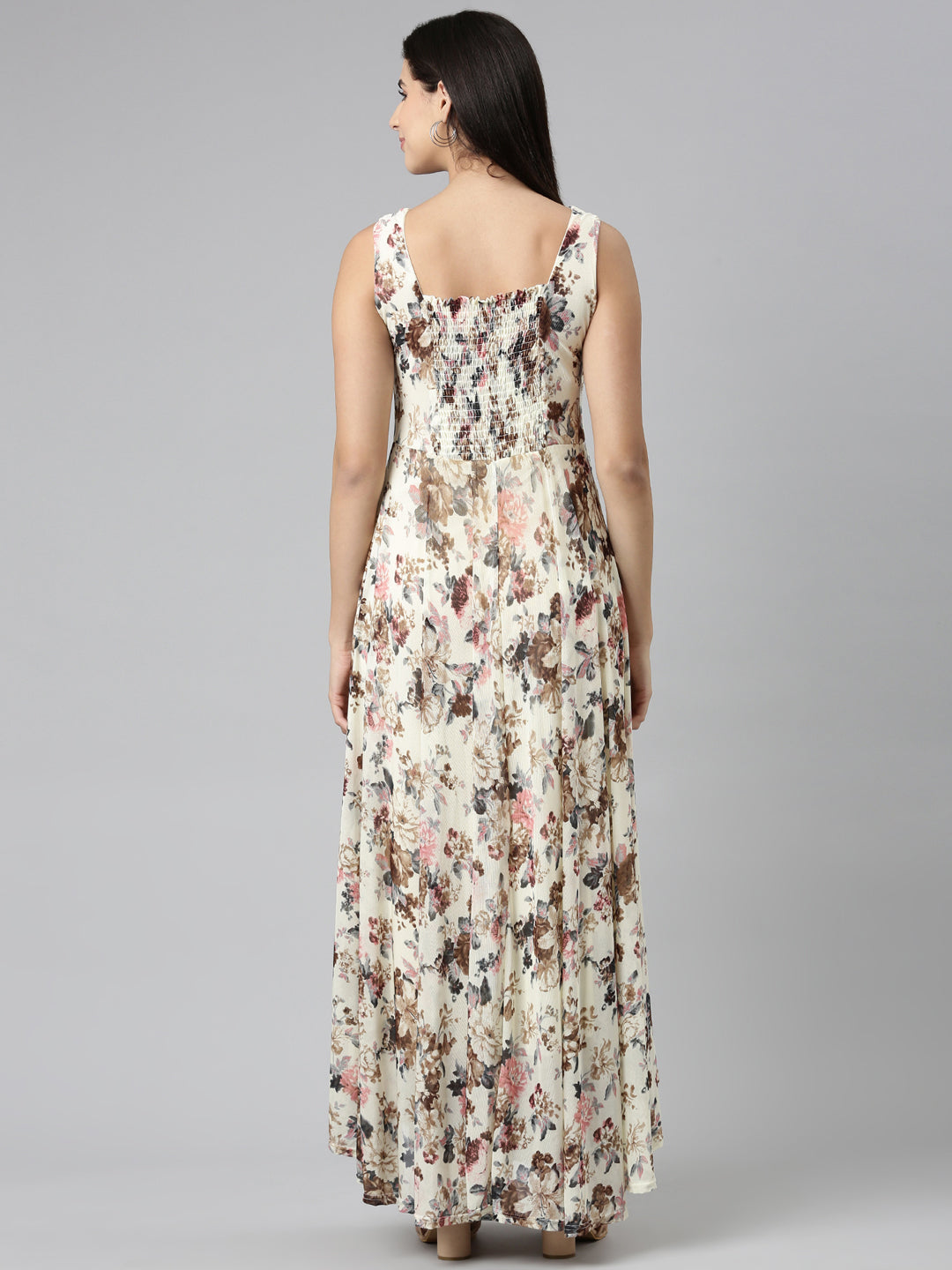 Women's Cream Floral Printed V-Neck Smocked Detailed Fit and Flare Dress