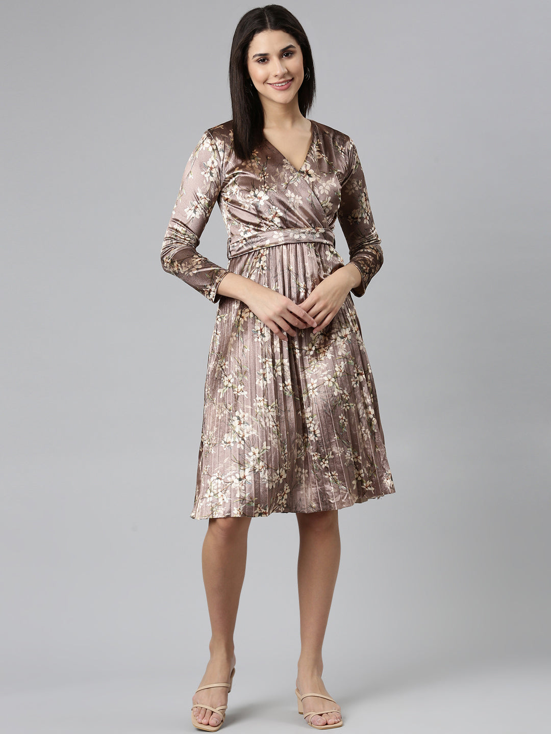 Women's Taupe Printed Wrap Dress