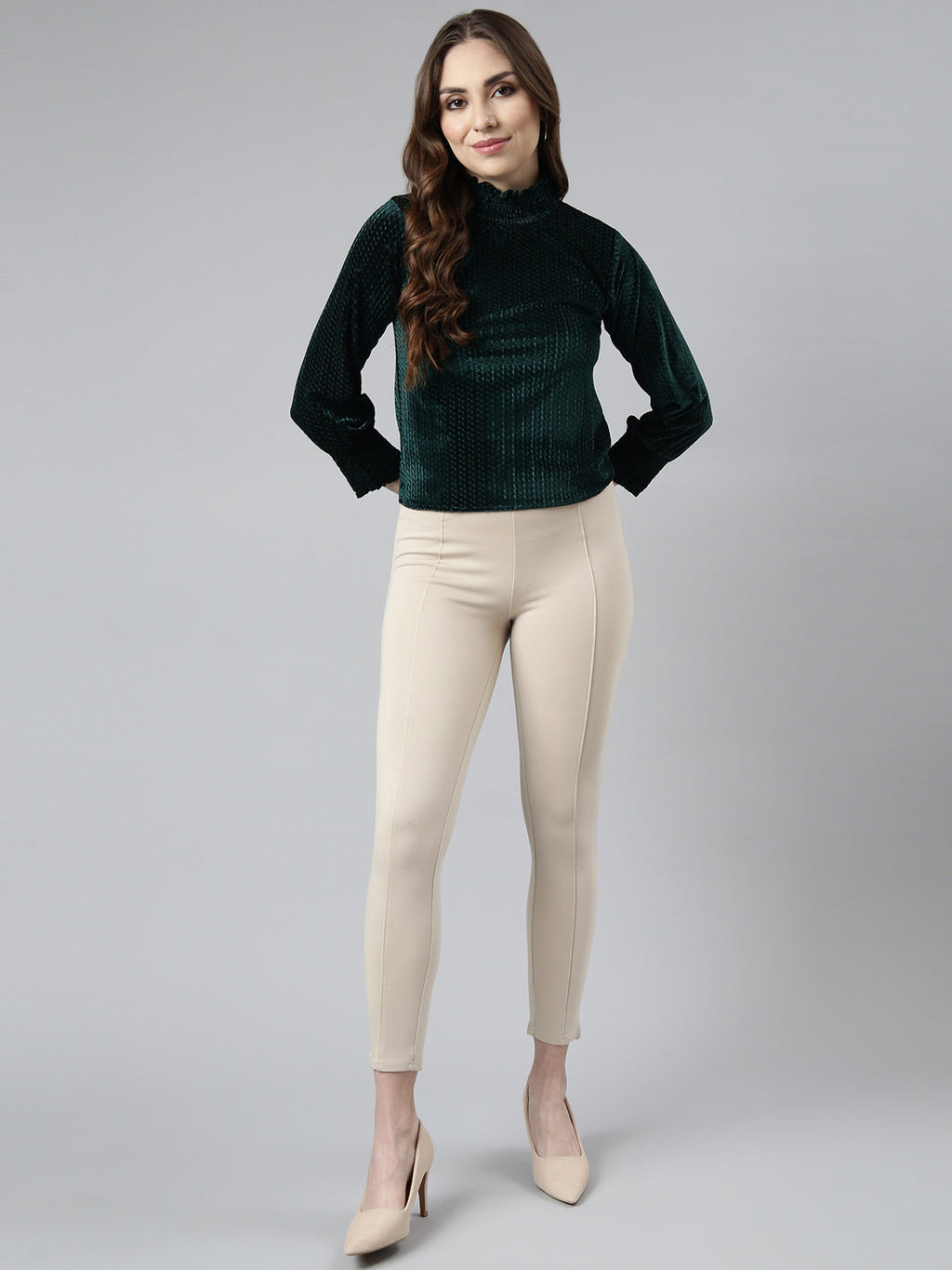 Women's Green High Neck Smocked Fitted Top