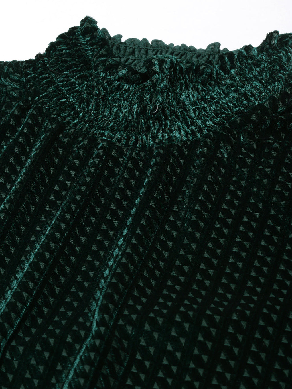 Women's Green High Neck Smocked Fitted Top