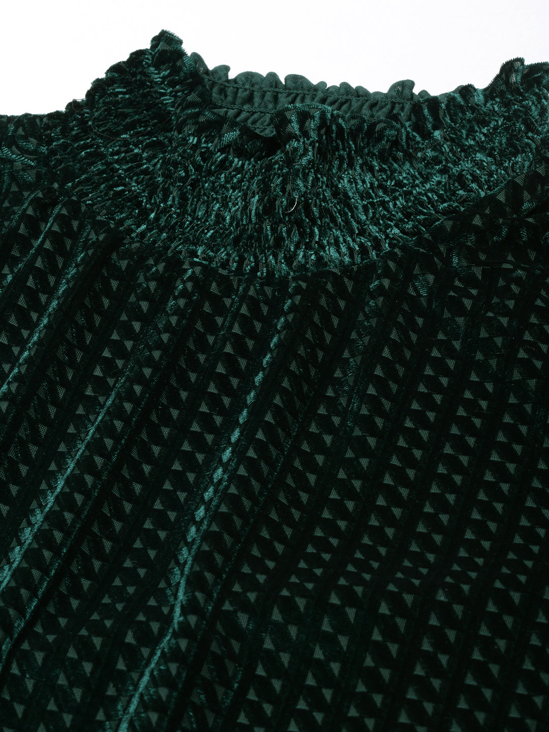 Women's Green High Neck Smocked Fitted Top