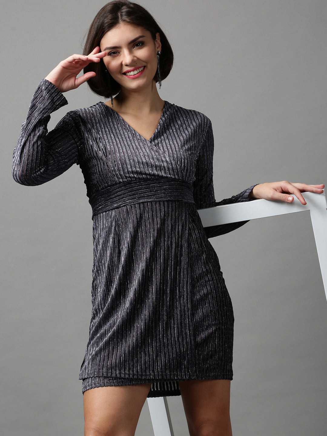 Women's Grey Self Design Wrap Dress