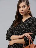 Women's V-Neck Printed Fit and Flare Black Dress