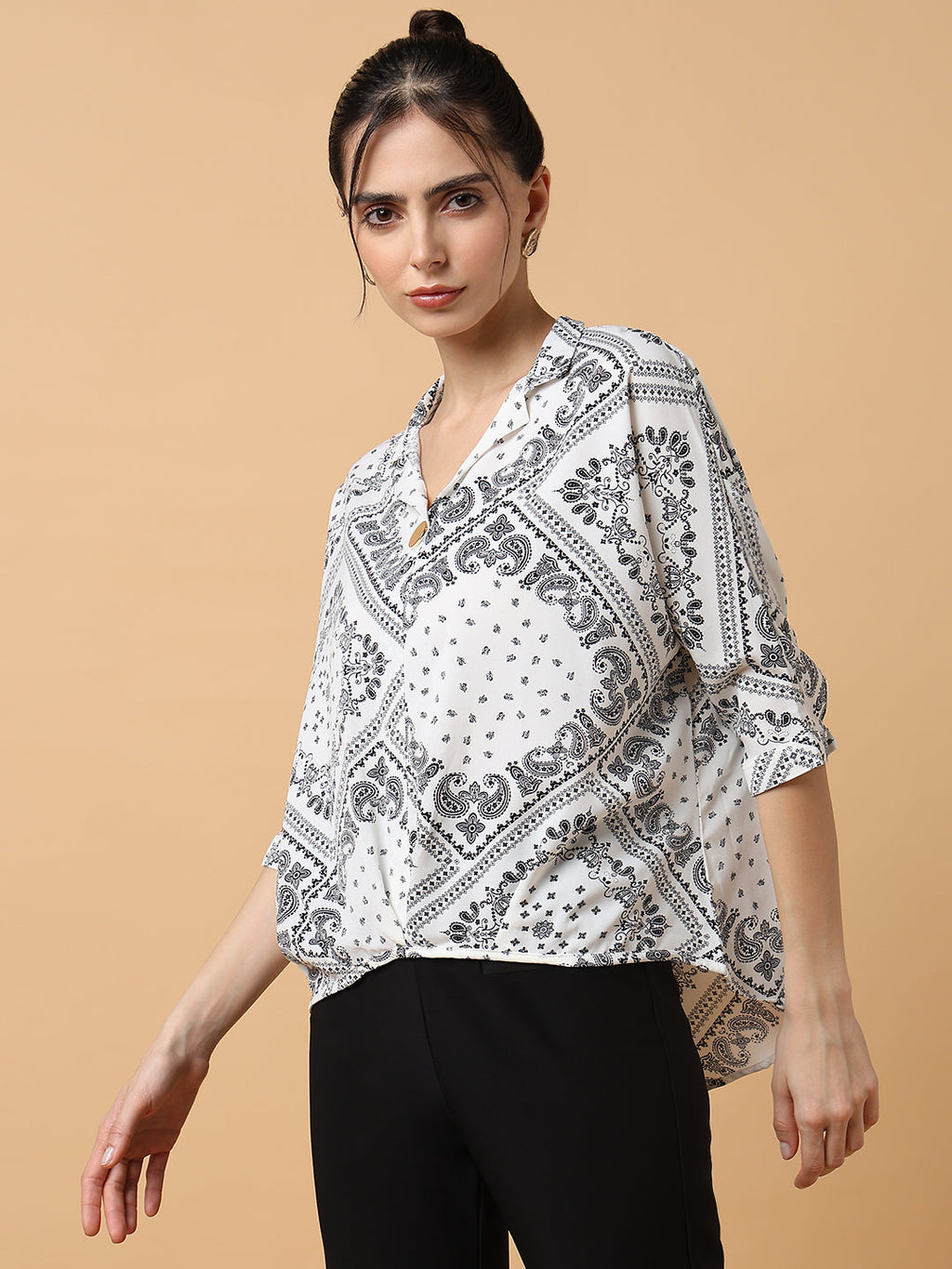 Women's White Print Extended Sleeves Scarf Print Crepe Top
