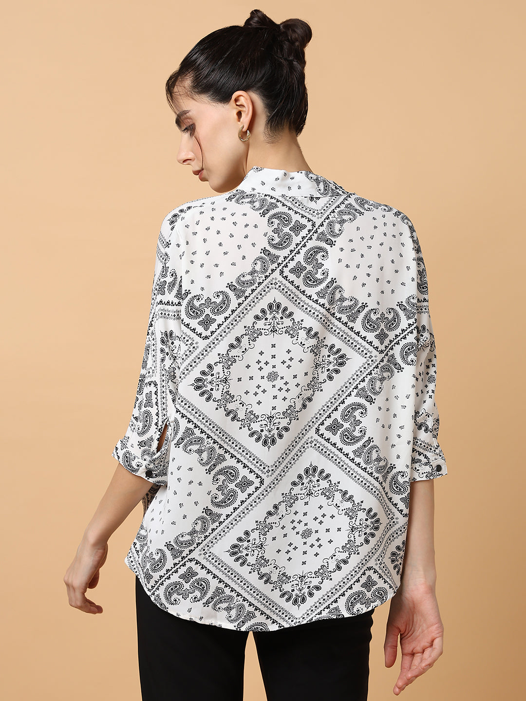 Women's White Print Extended Sleeves Scarf Print Crepe Top
