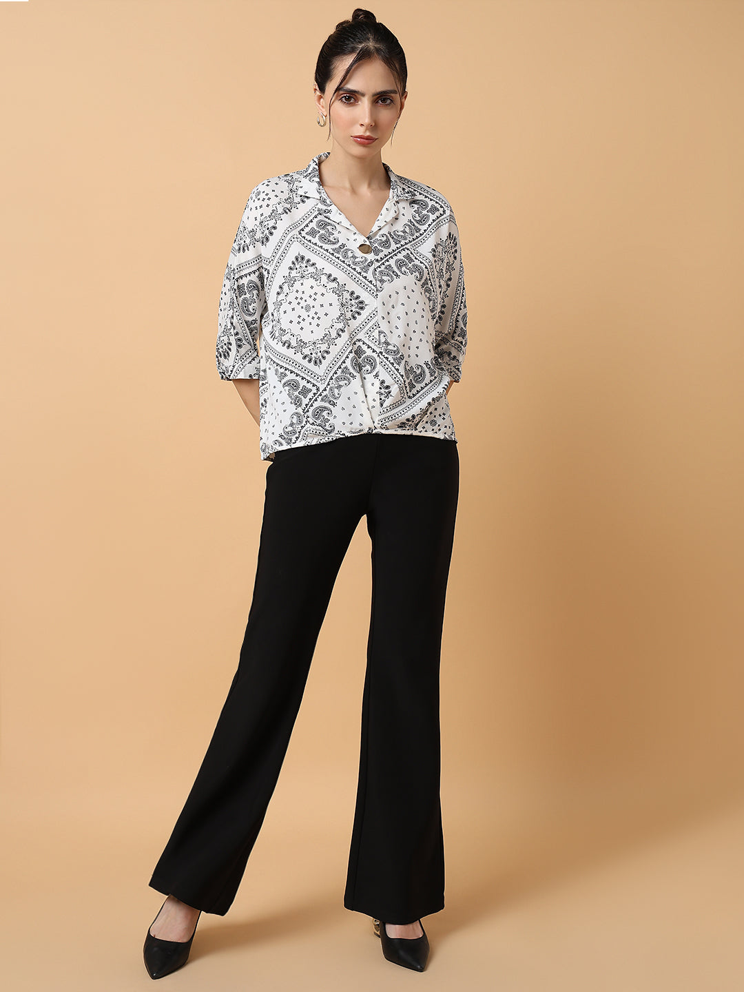 Women's White Print Extended Sleeves Scarf Print Crepe Top