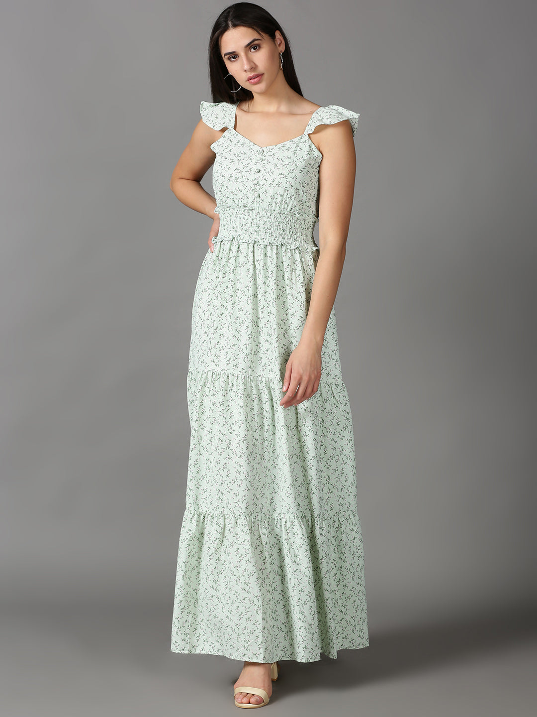 Women's Green Floral Printed Fit & Flare Dress