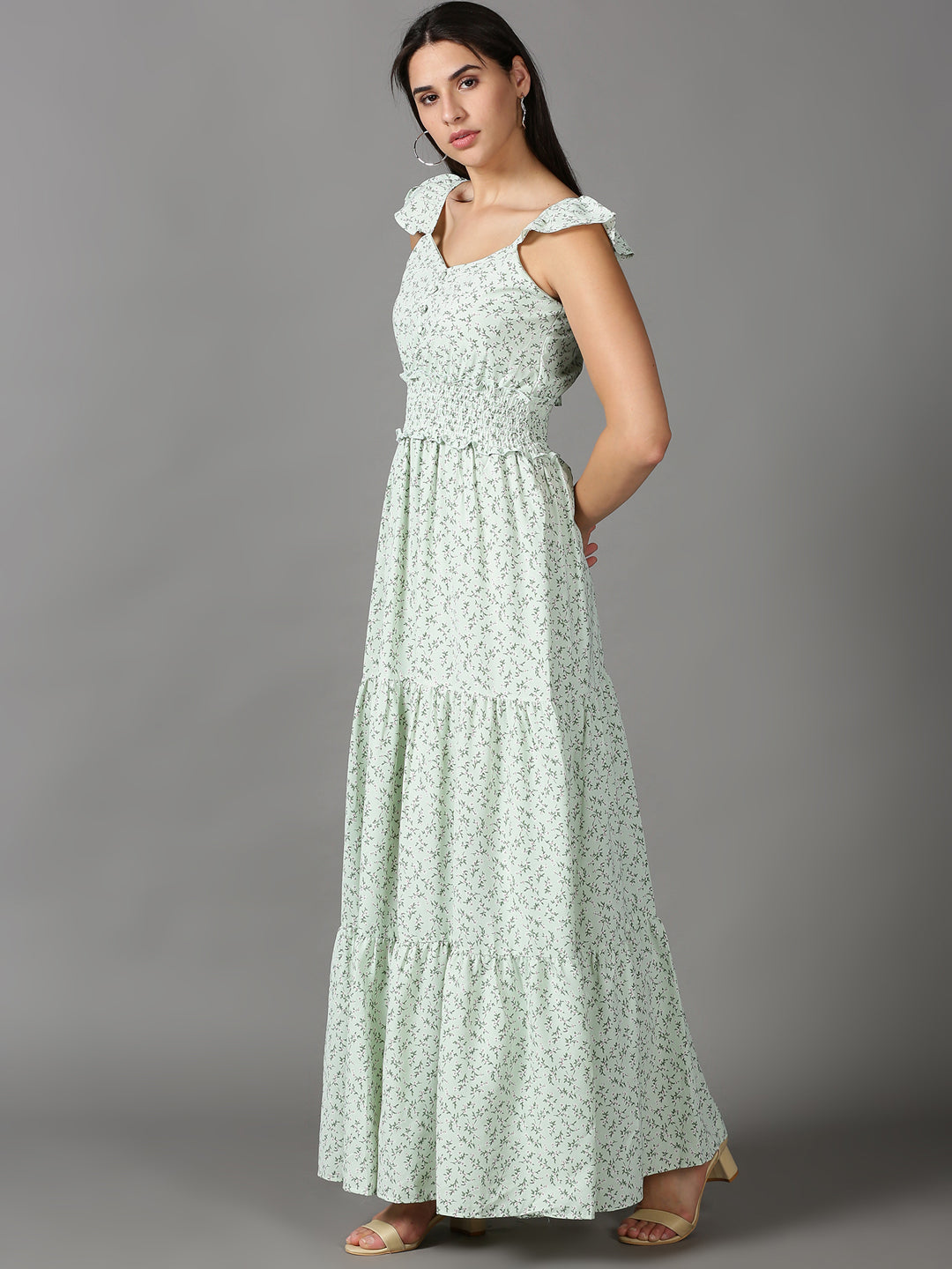 Women's Green Floral Printed Fit & Flare Dress