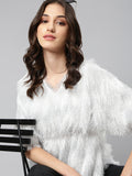 Women's White Self Design V-Neck Faux Fur Trim Regular Top