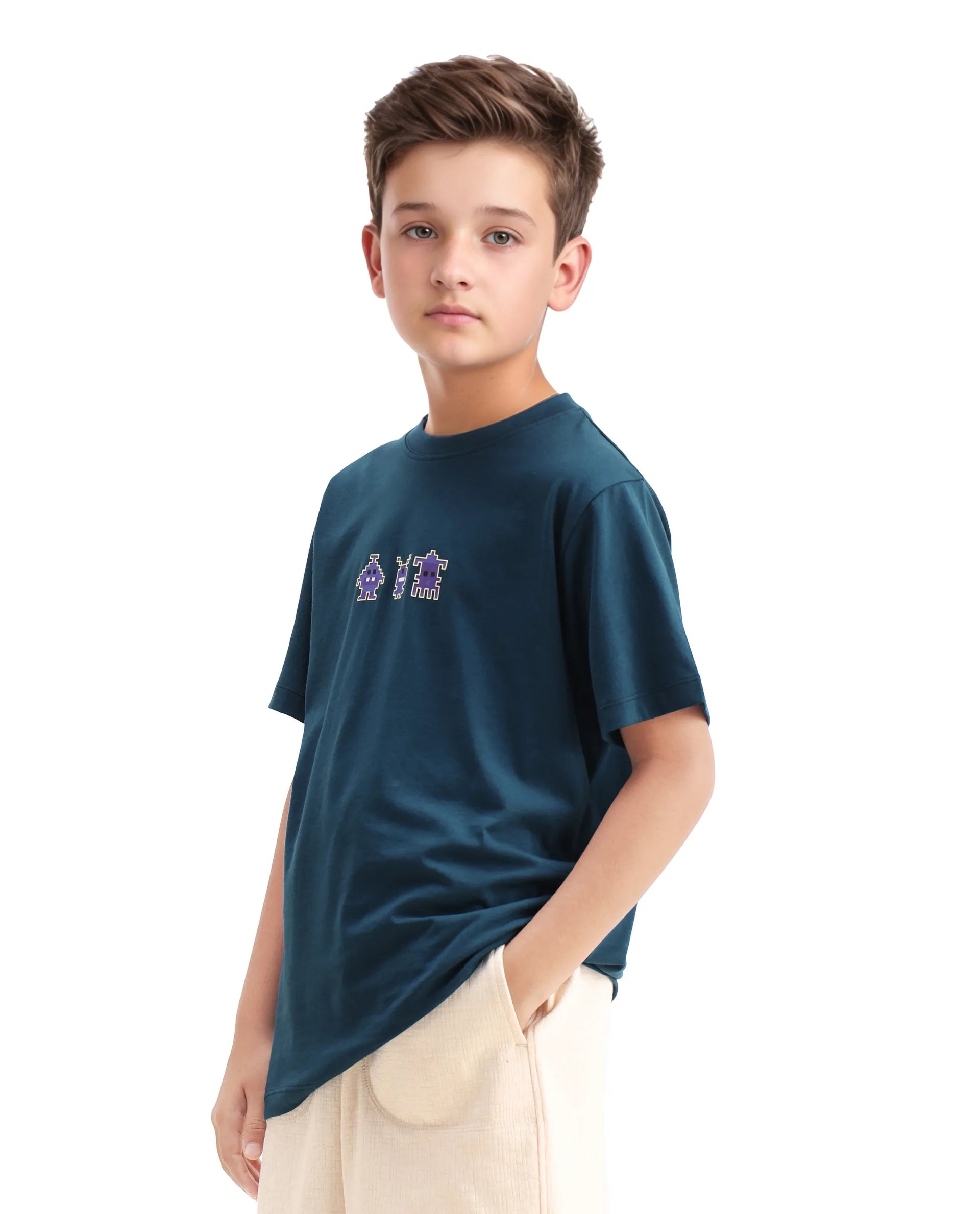 Rare Ones Kids Sung Teal Cotton Graphic Print Regular Fit T-Shirt