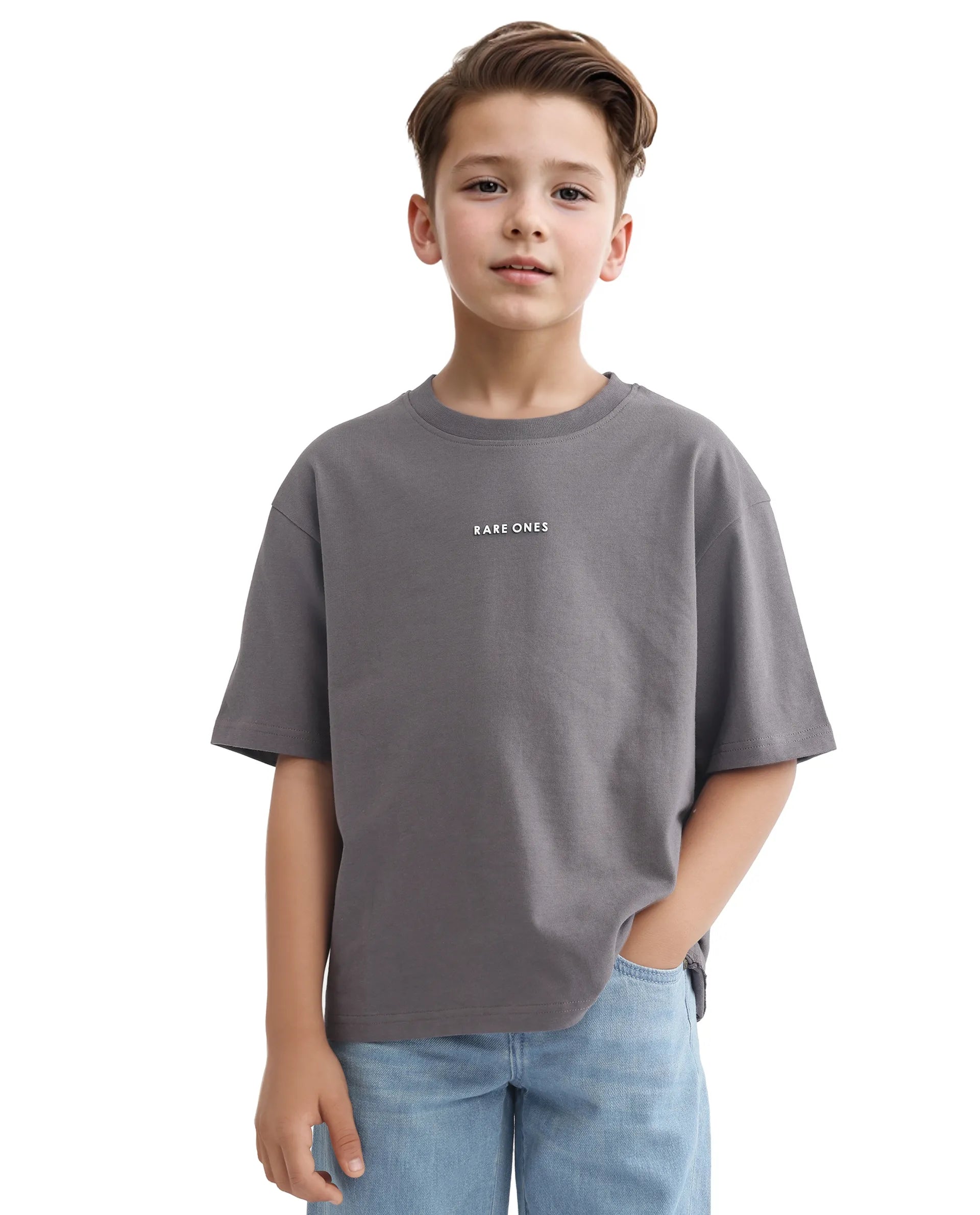 Rare Ones Kids Swyft Dark Grey Cotton Half Sleeve Slip-On Printed Boxy Fit T-Shirt