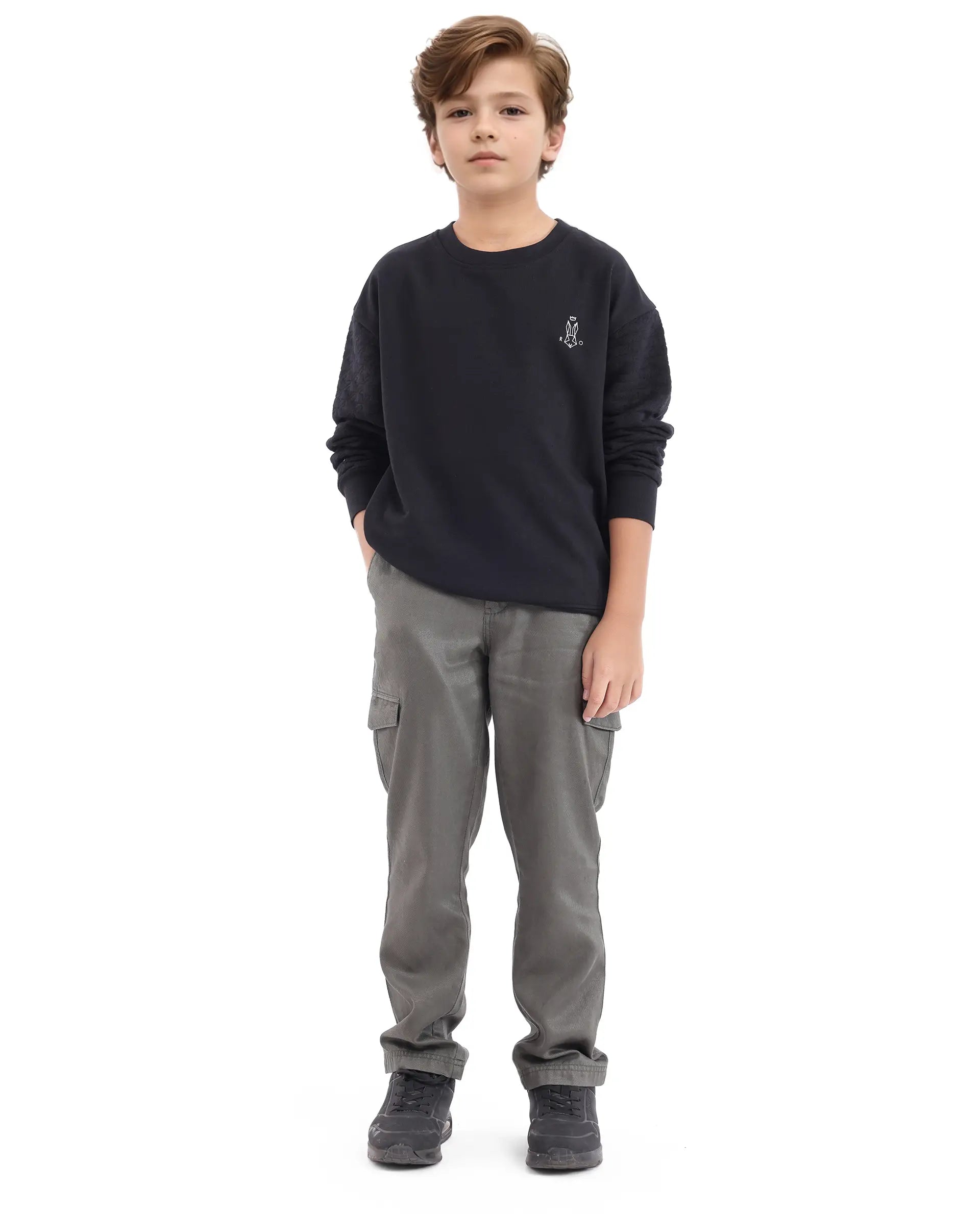 Rare Ones Kids Taron Black Cotton Poly Full Sleeve Embroidered Sweatshirt