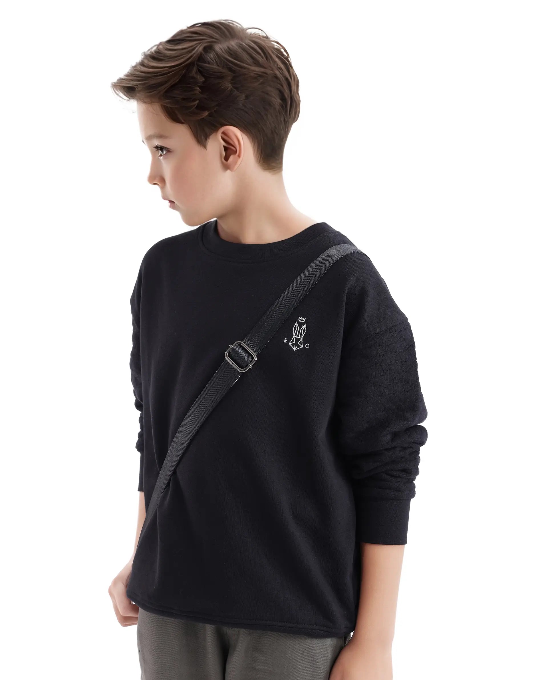 Rare Ones Kids Taron Black Cotton Poly Full Sleeve Embroidered Sweatshirt
