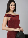 Women's Maroon Off-Shoulder Embellished A-Line Midi Dress