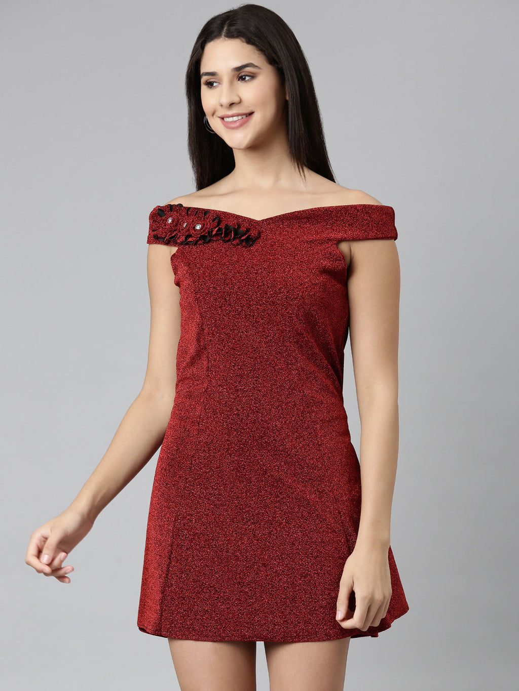 Women's Maroon Off-Shoulder Embellished A-Line Midi Dress
