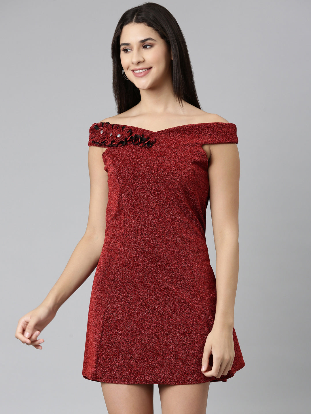 Women's Maroon Off-Shoulder Embellished A-Line Midi Dress