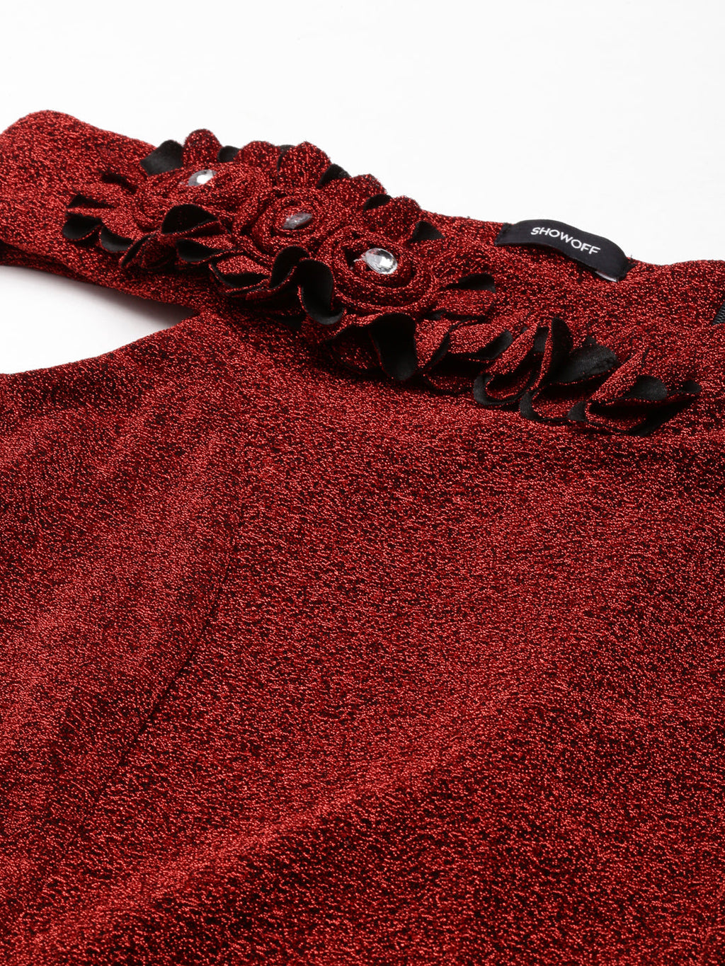 Women's Maroon Off-Shoulder Embellished A-Line Midi Dress