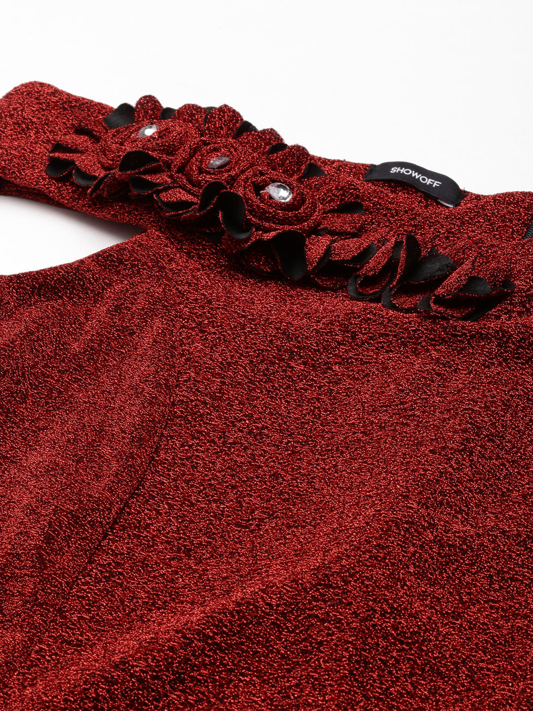 Women's Maroon Off-Shoulder Embellished A-Line Midi Dress