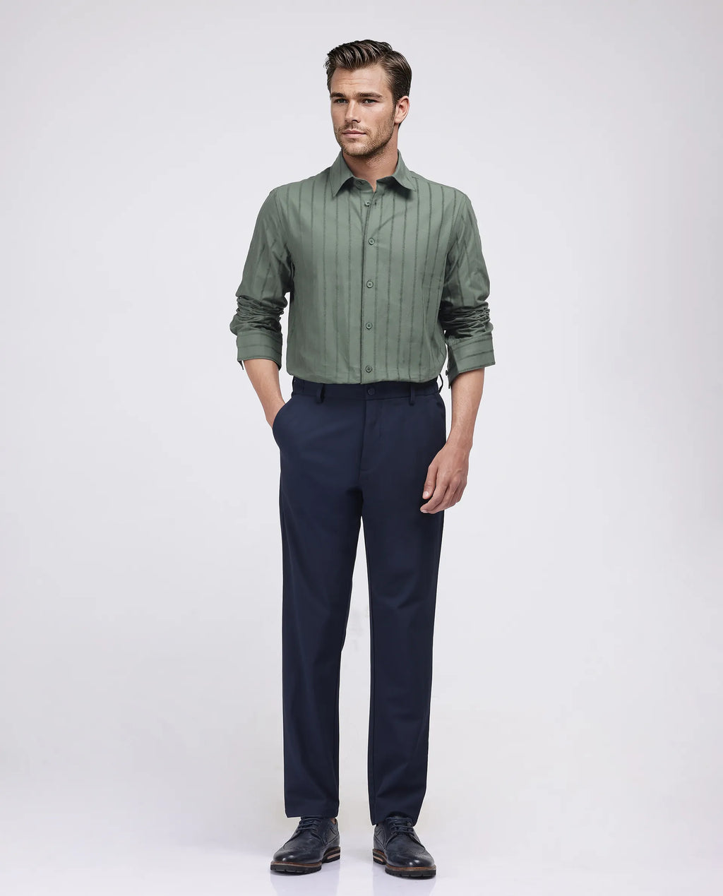 Rare Rabbit Men's Tener Dark Green Cotton Striped Print Relaxed Fit Full Sleeve Collared Shirt